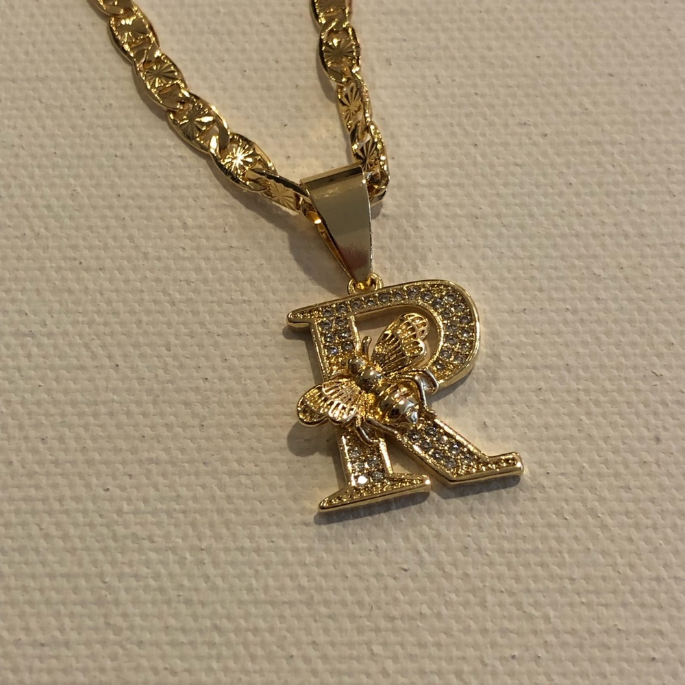 Gold Letter R Pendant Necklace with Bee Accent